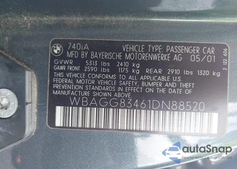 2001 BMW 740Ia I Automatic из США, поврежденный, VIN WBAGG83461DN88520